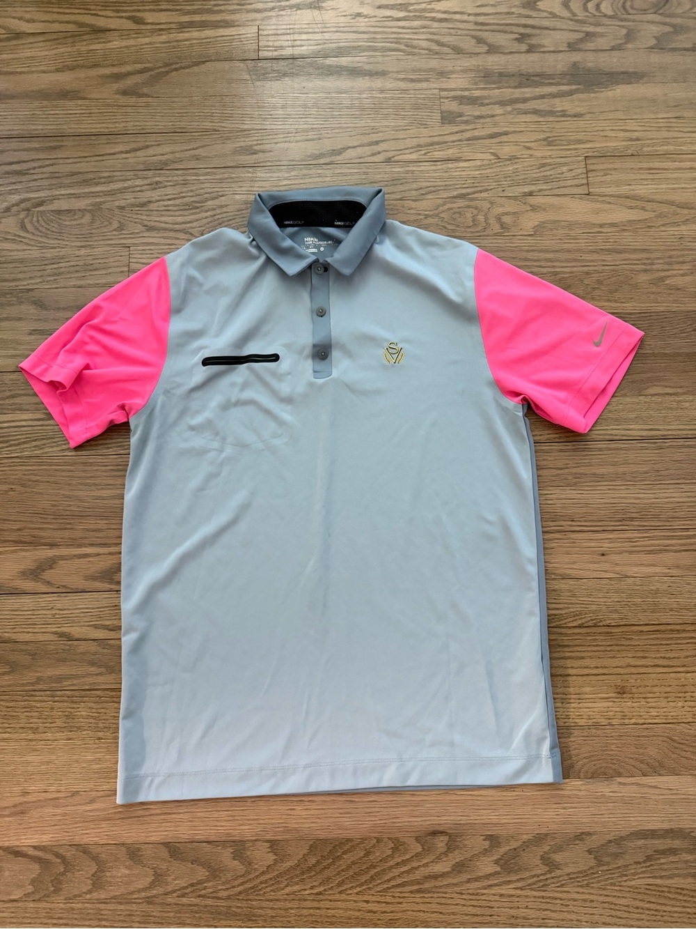 Nike Men’s Light Gray Polo with Hot Pink Sleeves